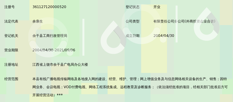 江西省广播电视网络传输有限公司余干县分公司