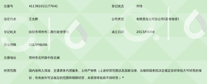 南阳青年旅行社有限公司邓州分公司