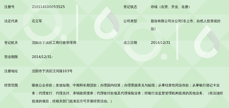 沈阳于洪永安村镇银行股份有限公司汪河路支行